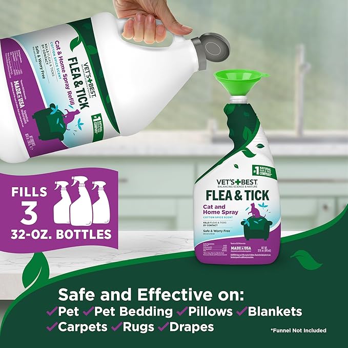 Vet’s Best Flea & Tick Home Spray Refill for Cats – Cotton Spice Scent Cat Flea & Tick Aid – Made in The USA – Flea & Tick Gentle Mist for Cats – 96oz