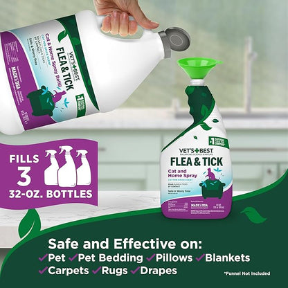 Vet’s Best Flea & Tick Home Spray Refill for Cats – Cotton Spice Scent Cat Flea & Tick Aid – Made in The USA – Flea & Tick Gentle Mist for Cats – 96oz