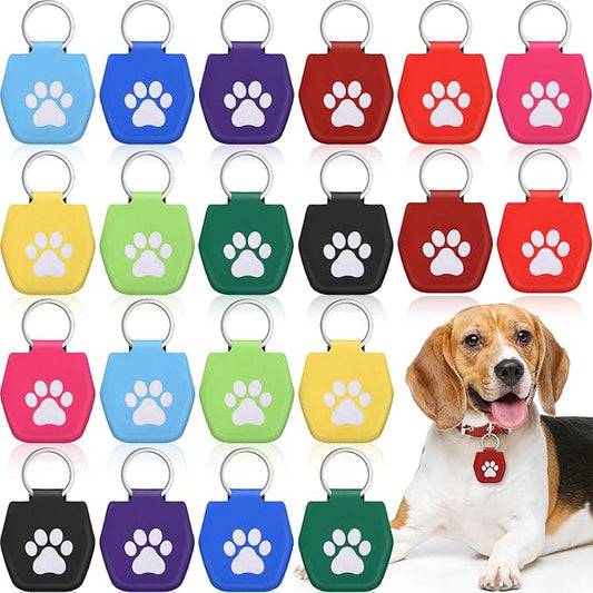 20 Pcs Dog Tag Silencer with Rings Portable Quiet Dog Tag Holder Soundless Dog Tag Cover Dog ID Tags Dog Tag Bag Protector for Dogs Cats Pets, White Paw Style