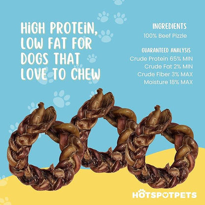hotspot pets Braided Bully Stick Rings for Dogs - Premium All Natural Long Twisted Beef Pizzle Dog Chew Treats - Grain Free Fully Digestible Rawhide Alternative Bones