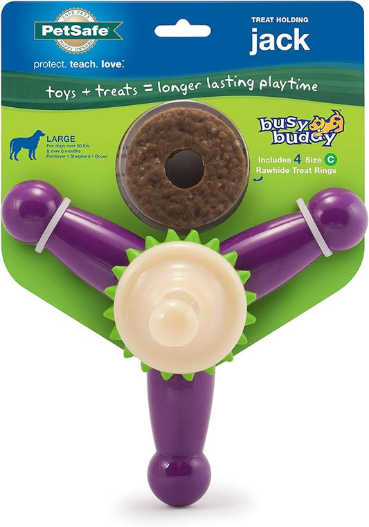PetSafe Busy Buddy Treat Holding Jack Dog Toy – Strong Chewers - Challenging - Treat Rings Included - Large