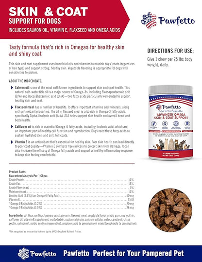 Advanced Omega Skin & Coat Support for Dogs. with Omega Fatty Acids, Salmon Oil, Flaxseed, and Vitamin E. Easily Digestible, Great Vegetable Flavor. Perfect for Your Pampered Pet (70 Chews)