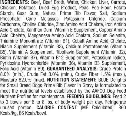 Blue Buffalo Delights Natural Adult Small Breed Wet Dog Food Cup, Prime Rib Flavor in Hearty Gravy 3.5-oz (Pack of 12)