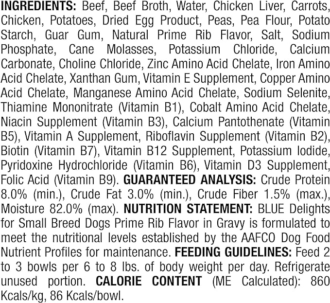 Blue Buffalo Delights Natural Adult Small Breed Wet Dog Food Cup, Prime Rib Flavor in Hearty Gravy 3.5-oz (Pack of 12)