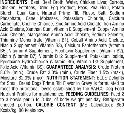 Blue Buffalo Delights Natural Adult Small Breed Wet Dog Food Cup, Prime Rib Flavor in Hearty Gravy 3.5-oz (Pack of 12)