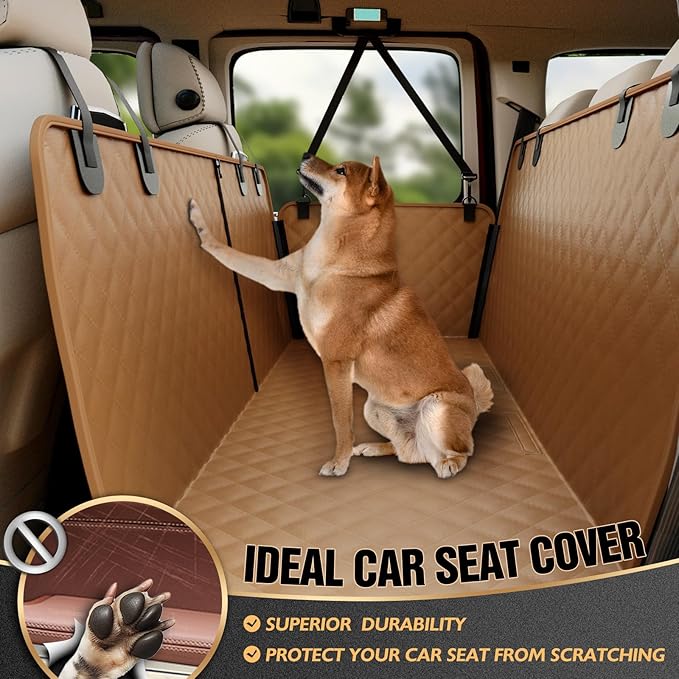 K KNODEL Dog Seat Cover, Waterproof Car Seat Cover for Pets, Pet Seat Cover Dog Hammock, Heavy Duty Scratch Proof Pet Back Seat Covers, Zippered Side Flaps for Cars, Trucks and SUVs (Brown)