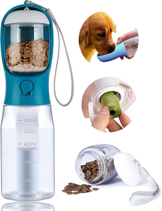 Dog Water Bottle with Food Container, Portable Pet Dog Water Dispenser for Outdoor Walking,Hiking,Travel,Puppy Essentials,Puppy Supplies,Replaceable Waste Bags