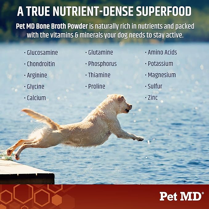 Pet MD Bone Broth for Dogs - Dog Food Toppers with Vitamins, Amino Acids, Natural Joint and Digestion Support - Made from Grade A Free Range Elk Bone Powder - 4 oz