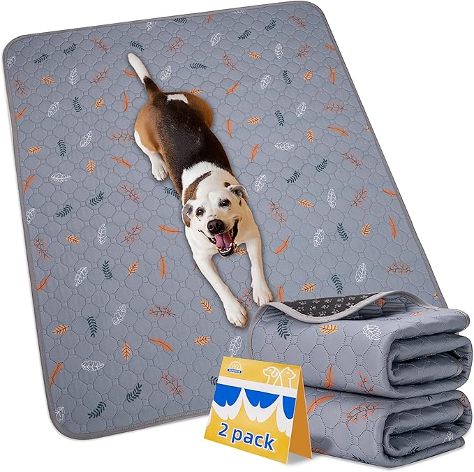 Washable Pee Pads for Dogs 2-Pack Reusable Puppy Pads Pet Training Pads, Waterproof Dog Pee Pads for Crate, Whelping Pad, Non-Slip Protects Against Urine Leakage (Leaves - Light Grey, 24x36)