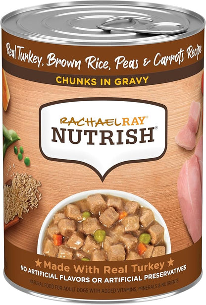 Nutrish Rachael Ray Chunks in Gravy Wet Dog Food, Real Turkey, Brown Rice, Peas & Carrots Recipe, 13 oz. Cans (Pack of 12)