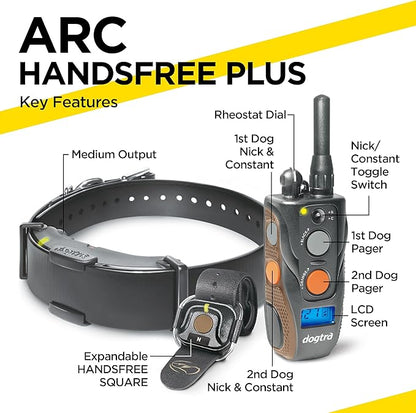 Dogtra ARC HANDSFREE Plus Expandable to 2-Dog Remote Dog Training E-Collar with HANDSFREE Square for Discreet and Precise Control Slim Ergonomic Rechargeable Waterproof 3/4-Mile Range