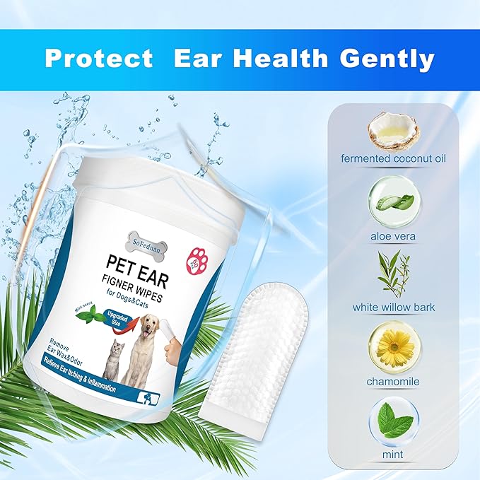 Ear Finger Wipes，Pet Ear Cleaner Finger Wipes for Dogs and Cats，Remove ear Wax and Dirt，Stop Smelly & Itchy Ears, Non-Irritating - Hypoallergenic (60 count, Mint Scent)