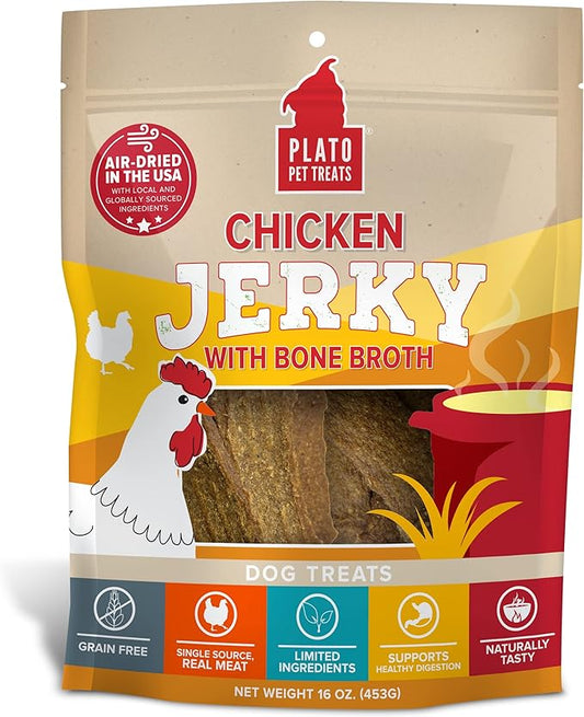 PLATO Pet Treats Air Dried, Real Meat, Chicken Jerky with Bone Broth Dog Treats, Made in The USA, Grain Free, 16oz