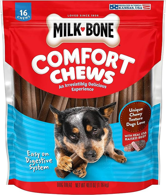 Milk-Bone Comfort Chews, Rawhide Free Dog Treats with Unique Chewy Texture and Real Beef, 16 Chews, Easy on Digestive System