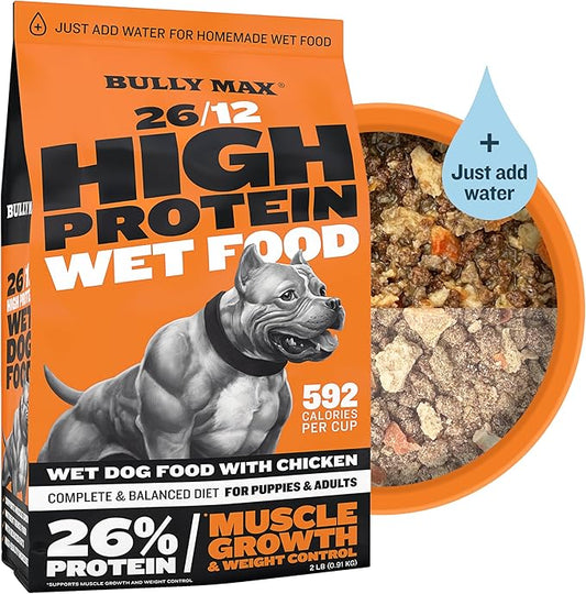 Bully Max Wet Dog Food - Instant Fresh Dehydrated High Protein Puppy & Adult Dog Food with Chicken - Healthy Muscle Growth for Small & Large Breeds - 2 Dry Pounds (Makes 5.5 lbs. of Wet Food)
