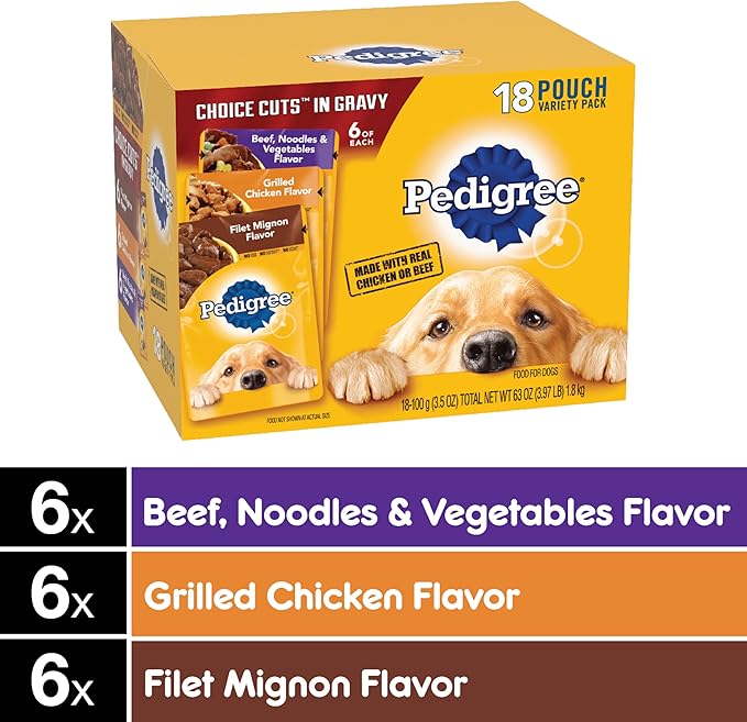 PEDIGREE CHOICE CUTS IN GRAVY Adult Soft Wet Dog Food 18-Pack Variety Pack, 3.5 oz Pouches