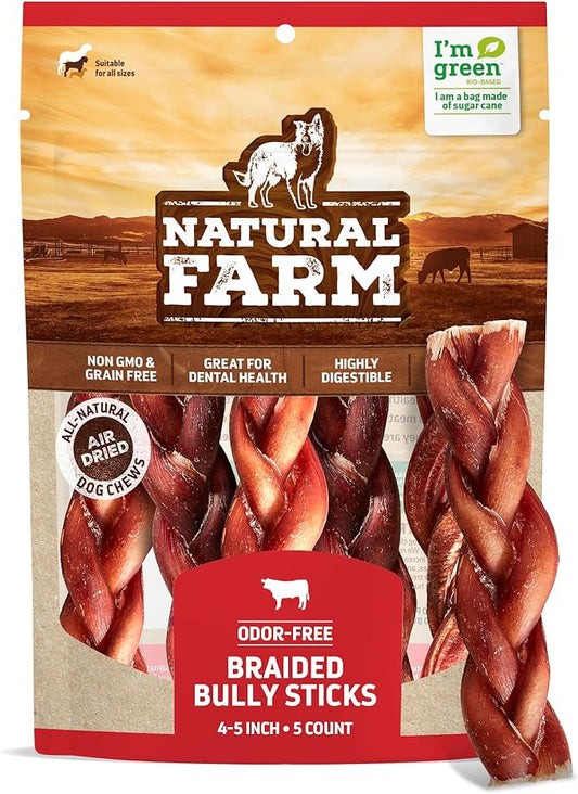 Natural Farm Odor-Free Braided Bully Sticks (4-5 Inch, 5 Pack) - 100% Grass-Fed Beef, Grain-Free, Low Fat & Fully Digestible Best Dental Treats, Safest Long Lasting Pizzle Chews to Keep Your Dog Busy