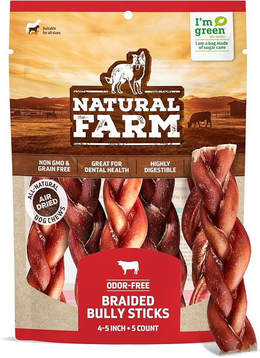 Natural Farm Odor-Free Braided Bully Sticks (4-5 Inch, 5 Pack) - 100% Grass-Fed Beef, Grain-Free, Low Fat & Fully Digestible Best Dental Treats, Safest Long Lasting Pizzle Chews to Keep Your Dog Busy