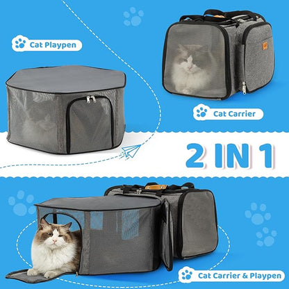 Cat Carrier, Detachable Pet Carrier Airline Approved, 18"x13.4"x11.8" Large Expandable Space 3 in 1 Soft Sided Small Dog Travel Bag, Rabbit Cat Kennel, Pet Mobile Tent Outdoors Indoors (Grey)