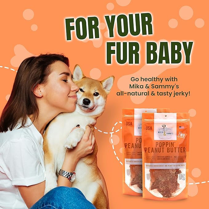 Gourmet Jerky Dog Treats - Natural Dog Treat Chicken Jerky for Dogs, Nutritious and Tasty Dog Jerky Treats Made in USA only, Cage-Free, No Additives (Mika & Sammy's Poppin' Peanut Butter 12 oz)