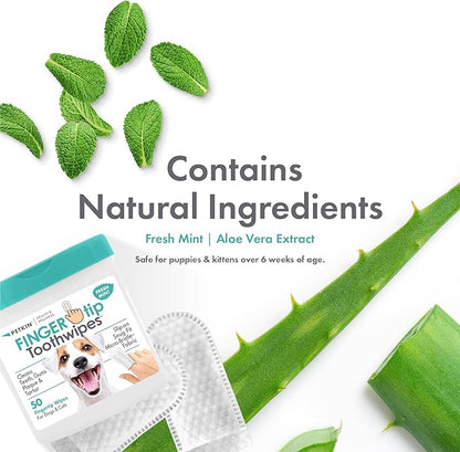 Petkin Fingertip Tooth Wipes for Dogs and Cats, 50 Finger Wipes - Slip-On, Snug Fit, Micro-Bristle Fabric - Cleans Teeth, Gums, Plaque & Tartar - Convenient, Ideal for Home and Travel - Fresh Mint