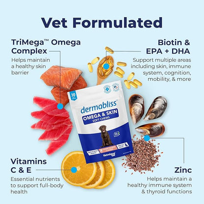 Vetnique Dermabliss Omega & Skin Health Fish Oil for Dogs Soft Chews Healthy Skin & Coat for Dogs with Biotin & DHA - Hickory Salmon Dog Treats (30ct Chews)