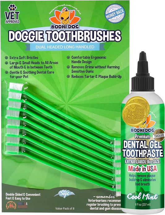 Bodhi Dog 8-Pack Dual-Headed Long Dog Toothbrush Set | Gentle Pet Dental Care with Safe & Super Soft Bristles + Dental Gel for Tartar Reduction and Fresh Breath | Comprehensive Pet Oral & Dental Care