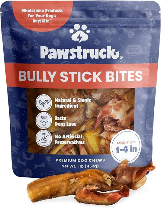 Pawstruck Natural 1-4" Bully Stick Bites for Small Dogs & Puppies – Single Ingredient Digestible Rawhide Free Alternative - High Protein Chew Treat Bones - 1 lb Bag - Packaging May Vary