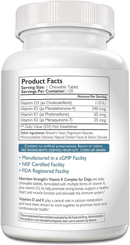 Vitamin K for Dogs, Vitamins K1 & K2 (MK4 & MK7) + Vitamin D3, Help Maintain Strong Bones, Promote Healthy Heart, Boost Immune System, Support Muscle Function, 120 Chewable Tablets