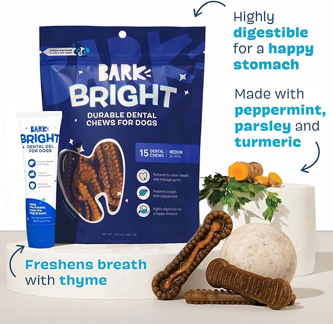 Bark Bright Durable Dental Chews Kit - Dog Tooth Brushing Treatment with Teeth Cleaning Chew Sticks & Toothpaste - Plaque & Tartar Remover for Cleaner Teeth & Fresh Breath - Medium Breeds - 15 Chews