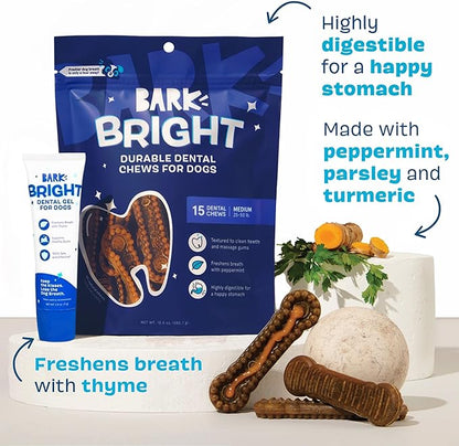 Bark Bright Durable Dental Chews Kit - Dog Tooth Brushing Treatment with Teeth Cleaning Chew Sticks & Toothpaste - Plaque & Tartar Remover for Cleaner Teeth & Fresh Breath - Medium Breeds - 15 Chews