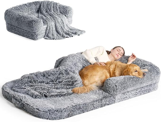 EHEYCIGA Foldable Human Dog Bed for Adult, Orthopedic Memory Foam Dog Bed for Humans, Waterproof Human Dog Bed for People, Faux Fur Human Sized Dog Bed, Grey, 72"x44"x12"