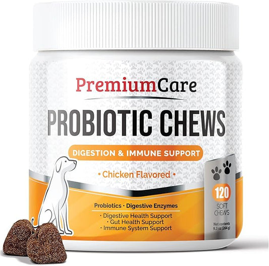 Premium Care Probiotics for Dogs for Yeast, Itchy Skin and Itchy Ears - Advanced Probiotic for Gut Health, Gut Flora, Bowel Health Support, Diarrhea, Digestive Health & Seasonal Allergies- 120 chews
