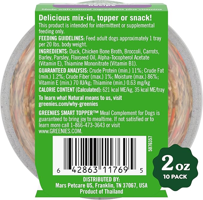 Greenies Smart Topper High Protein Wet Mix-in for Dogs, Duck, Broccoli, Carrots & Barley Recipe in Vitabroth™ Broth - Bone Broth + Vitamins E & B1, Pack of 10