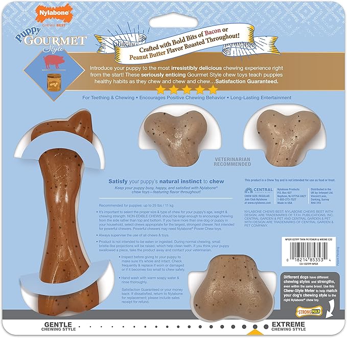 Nylabone Puppy Gourmet Style Strong Chew Toy Bacon, Peanut Butter Small/Regular (2 Count)