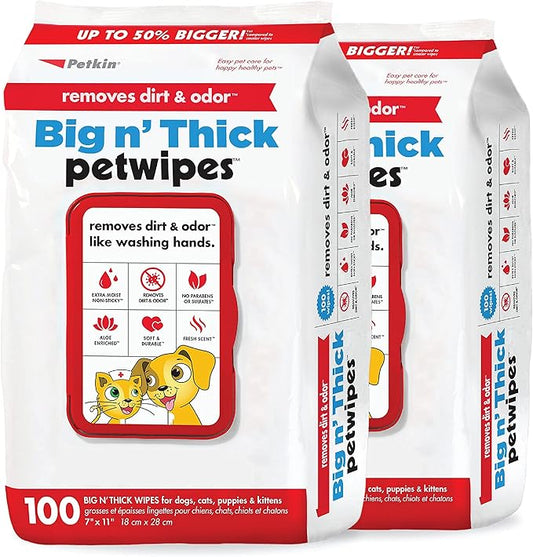 Petkin Pet Wipes for Dogs and Cats, 200 Large Wipes - Removes Dirt & Odor Like Washing Hands - Cleans Ears, Face, Butt, Eye Area - Convenient, Ideal for Home or Travel - 2 Packs of 100 Wipes