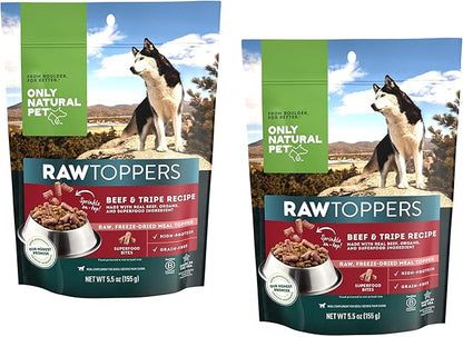 Only Natural Pet Raw Toppers Freeze Dried Beef and Tripe Recipe - Protein Packed, Great Tasting Freeze Dried Raw Food Topper for Dogs - 5.5 OZ Bag 2 Pack