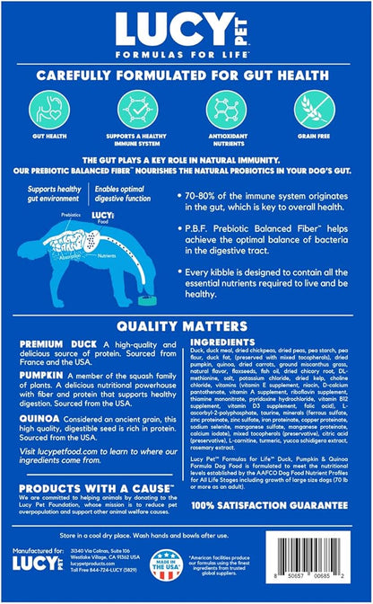Lucy Pet Products Formulas for Life Duck, Pumpkin & Quinoa Dry Dog Food, All Life Stages, Digestive Health, Sensitive Stomach and Skin, 12lb bag