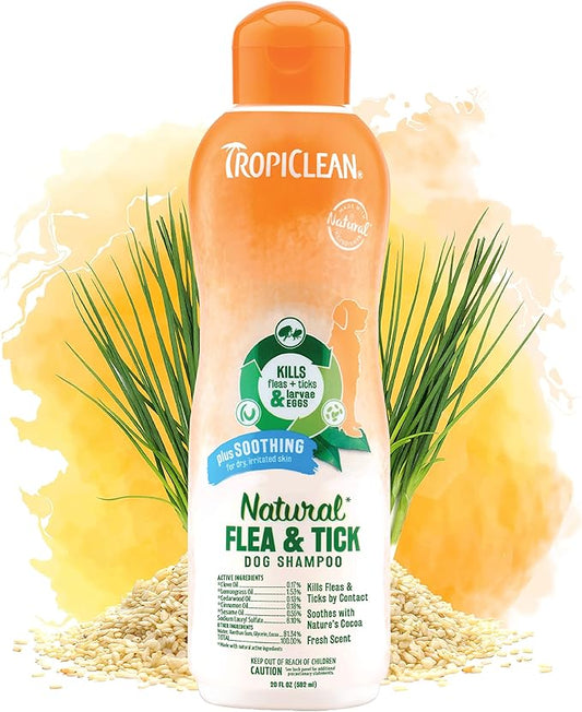 TropiClean Soothing Natural Flea and Tick Dog Shampoo | Natural Flea and Tick Prevention for Dogs | Made in the USA | 20oz
