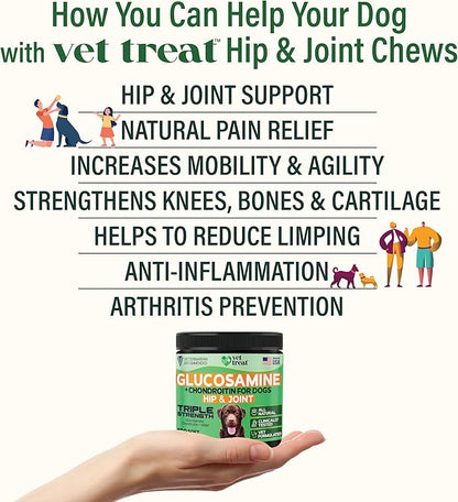 Hemp Hip and Joint Supplement for Dogs - Glucosamine for Dogs -Made in USA- 120 Treats Pain Relief Anti Inflammatory - Chondroitin, MSM, Hemp Oil - Dog Joint Supplement w/Arthritis Relief + Mobility
