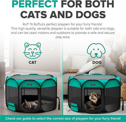 Ruff 'n Ruffus Portable Pet Playpen | Premium Indoor/Outdoor Foldable Pen | Water-Resistant + UV Shade | Bonus: FREE Case & Travel Bowl