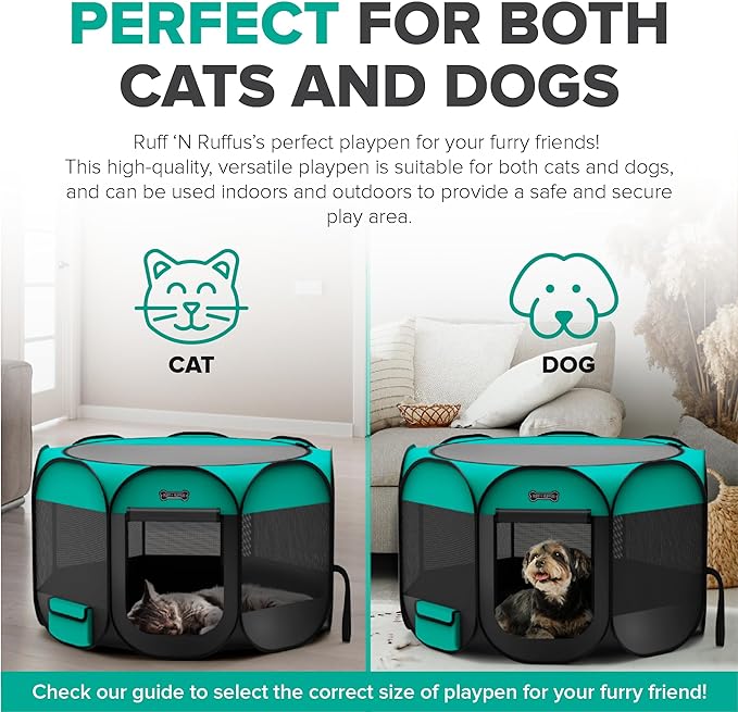 Ruff 'N Ruffus Portable Foldable Pet Playpen + Carrying Case & Collapsible Travel Bowl | Indoor/Outdoor use | Water Resistant | Removable Shade Cover (Extra Large)