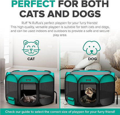 Ruff 'N Ruffus Portable Foldable Pet Playpen + Carrying Case & Collapsible Travel Bowl | Indoor/Outdoor use | Water Resistant | Removable Shade Cover (Extra Large)