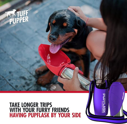 Tuff Pupper PupFlask Insulated Neoprene Dog Water Bottle Holder Sling with Wide Adjustable Shoulder Strap, Great for Travel, Walking, Hiking, Portable Pet Water Bottle Holder (27 OZ, Ultra Violet)