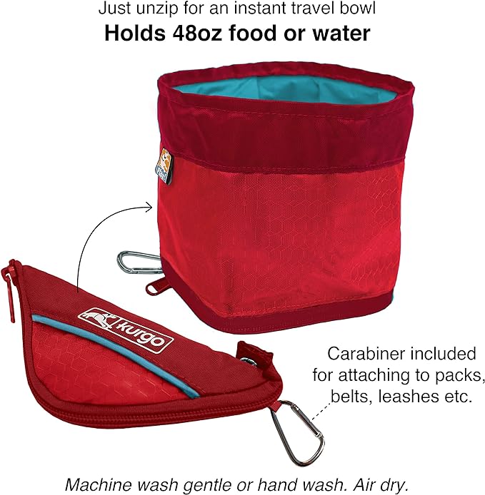 Kurgo Zippy Bowl for Dogs, Collapsible Travel Dog Bowls, Pet Food & Water Hiking Container, Food Grade Silicone, Travel Accessories for Pets, includes Carabiner, Holds 48 oz (Coastal Blue)