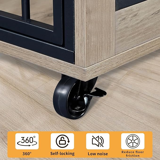 39" Dog Crate Furniture with Rotatable Bowls, Wooden Dog Crate End Table, Decorative Heavy Duty Dog Kennel Furniture Indoor with Double Doors 4 Wheels
