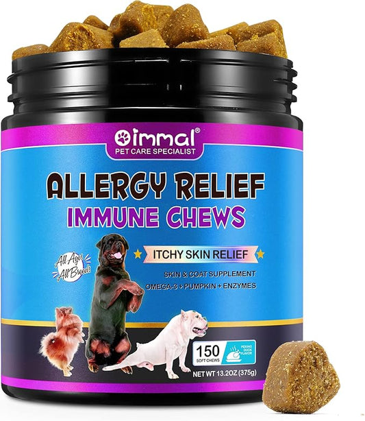 Dog Allergy Relief Chews, Itch Relief for Dogs, Allergy Relief Dog Treats w/Omega 3 + Pumpkin + Enzymes, Anti Itch Support & Hot Spots, Skin & Coat Immune Health Supplement for Dogs (150 Count)