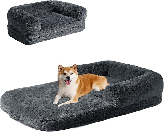 EHEYCIGA Foldable XXL Dog Bed, Faux Fur Fluffy Dog Bed for Extra Large Dogs, Orthopedic Calming Memory Foam Big Dog Couch Bed, Washable Soft Dog Sofa Bed with Non-Slip Bottom, Dark Grey, 54"x38"x8.5"