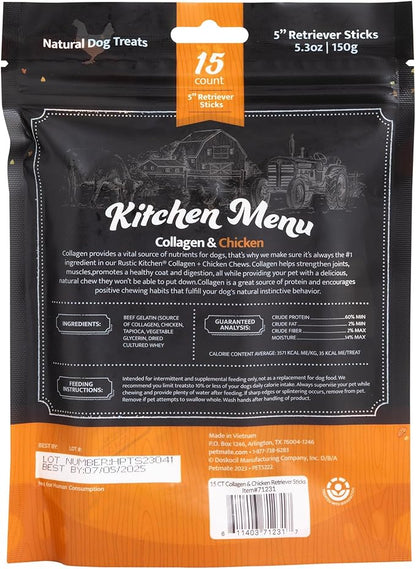 Collagen Chews for Dogs, Chicken Flavored, Dog Chews Long Lasting, Rawhide Free -15 Pack Collagen Sticks for Large, Medium, and Small Dogs