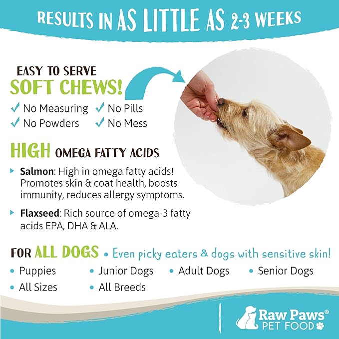 Raw Paws Skin & Coat Treats for Dogs, 10-oz/100-ct - USA Made - Coconut & Salmon Omega 3 Dog Treats, Soft Skin Chews - Dry Skin Dog Treats Support Healthy Dog Coat - Skin and Coat Supplement for Dogs